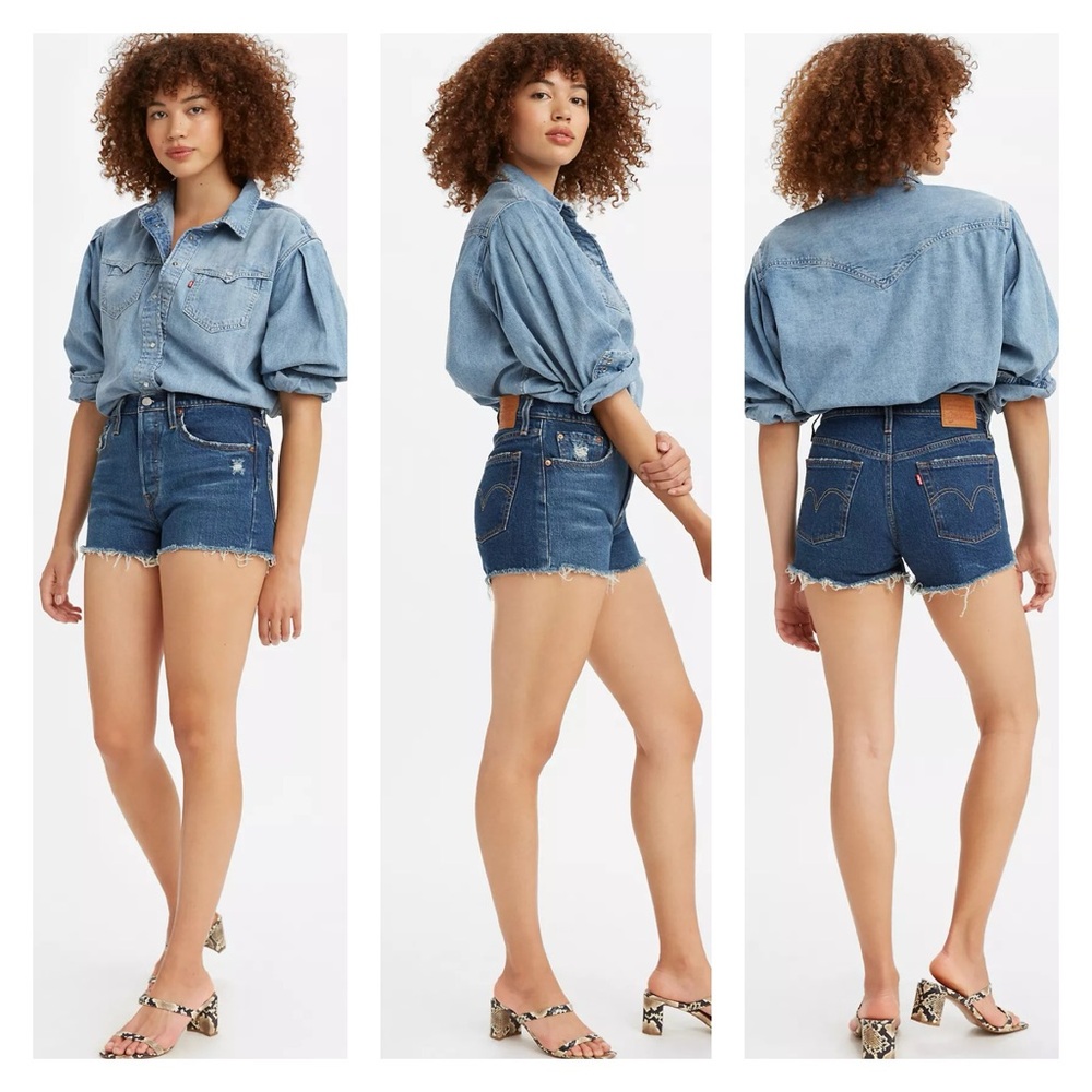 LEVIS 501 Original High-Rise Dark Wash Frayed Hem Denim Button fly Shorts 32 NWT